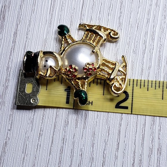 Gold Tone Enamel Snowman Ice Skating Brooch Pin - Picture 5 of 6